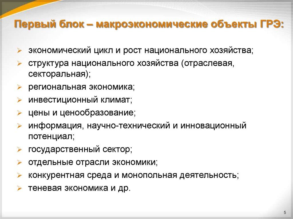 Первый блок – макроэкономические объекты ГРЭ: