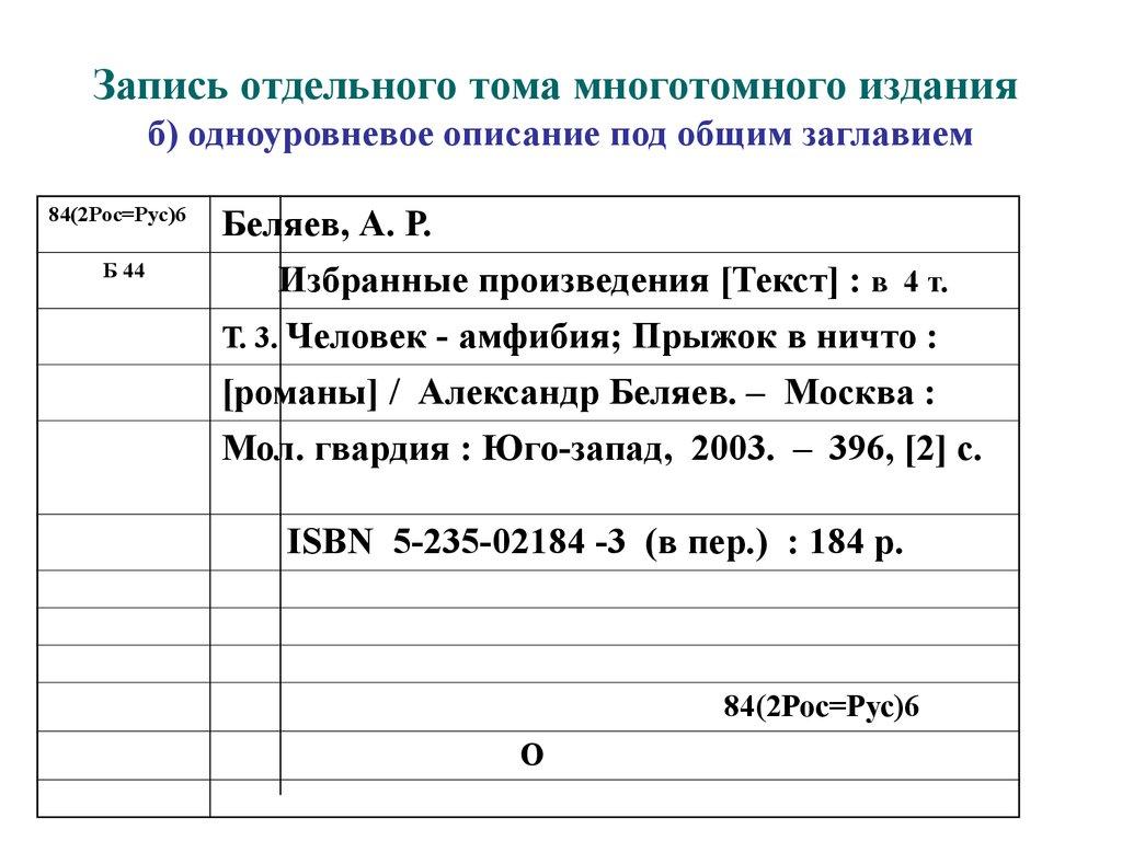 Запись отдельного тома многотомного издания б) одноуровневое описание под общим заглавием