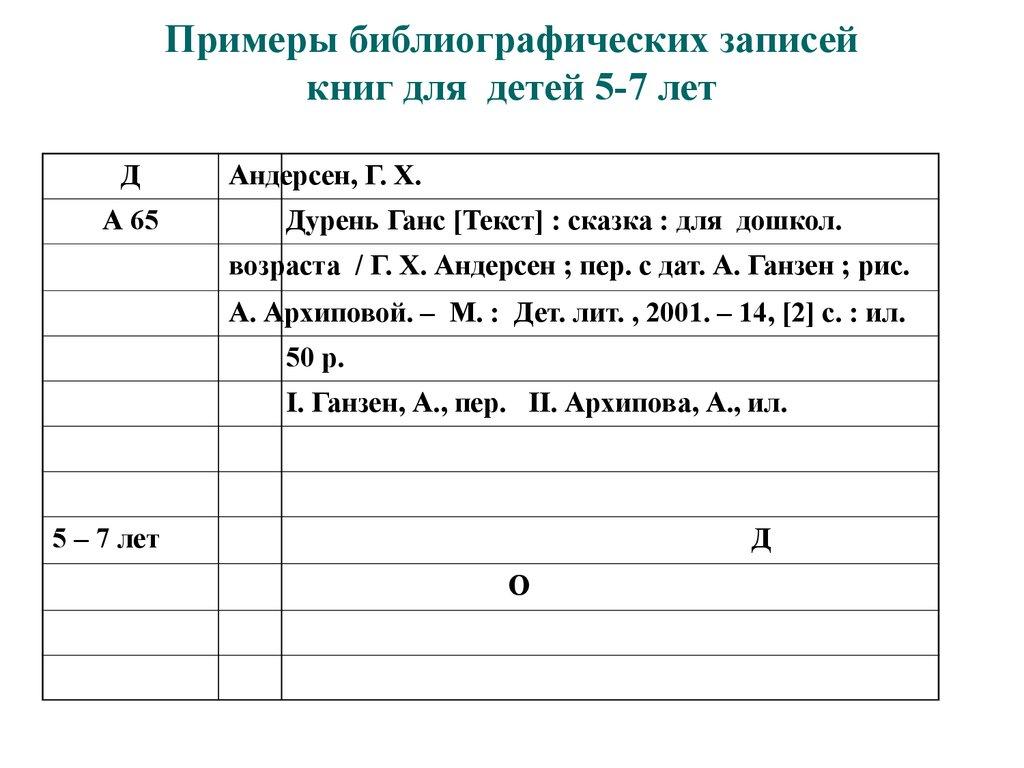 Примеры библиографических записей книг для детей 5-7 лет