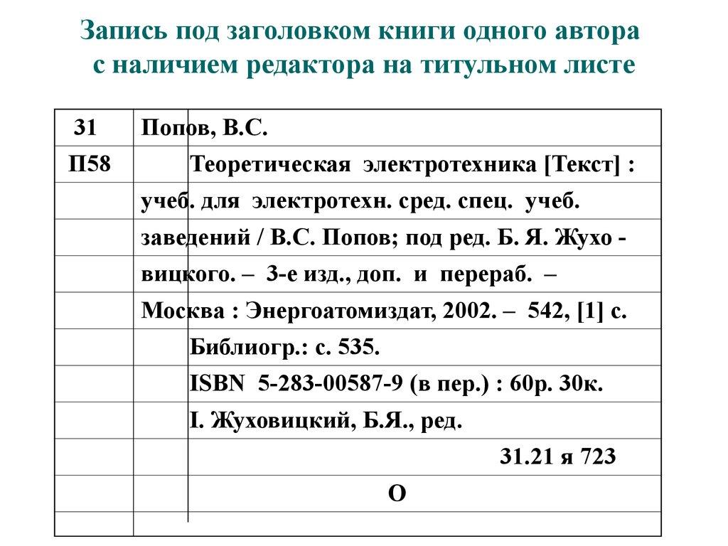 Запись под заголовком книги одного автора с наличием редактора на титульном листе