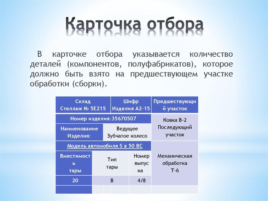 Карточка отбора