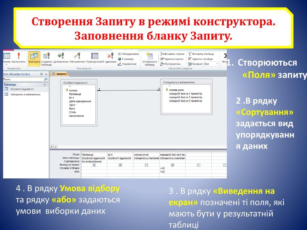 Створення Запиту в режимі конструктора. Заповнення бланку Запиту.