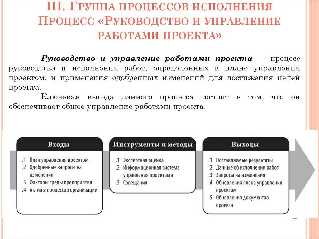 III. Группа процессов исполнения Процесс «Руководство и управление работами проекта»