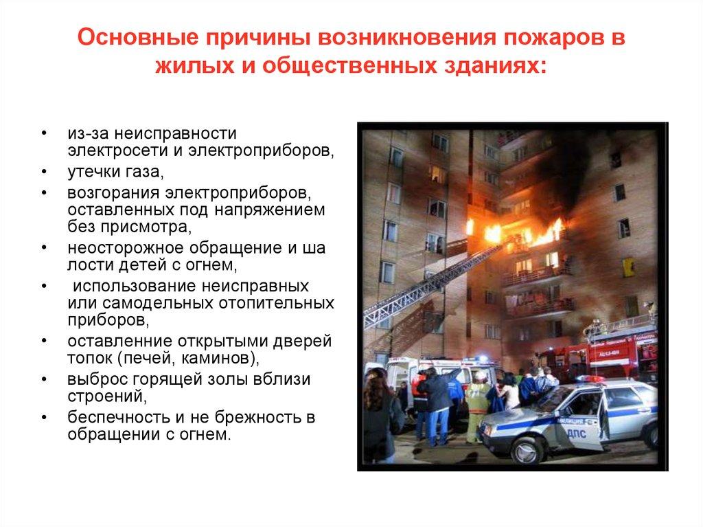 Основные причины возникновения пожаров в жилых и общественных зданиях: