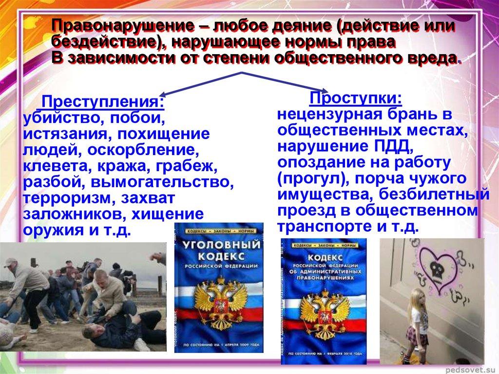 Правонарушение – любое деяние (действие или бездействие), нарушающее нормы права В зависимости от степени общественного вреда.