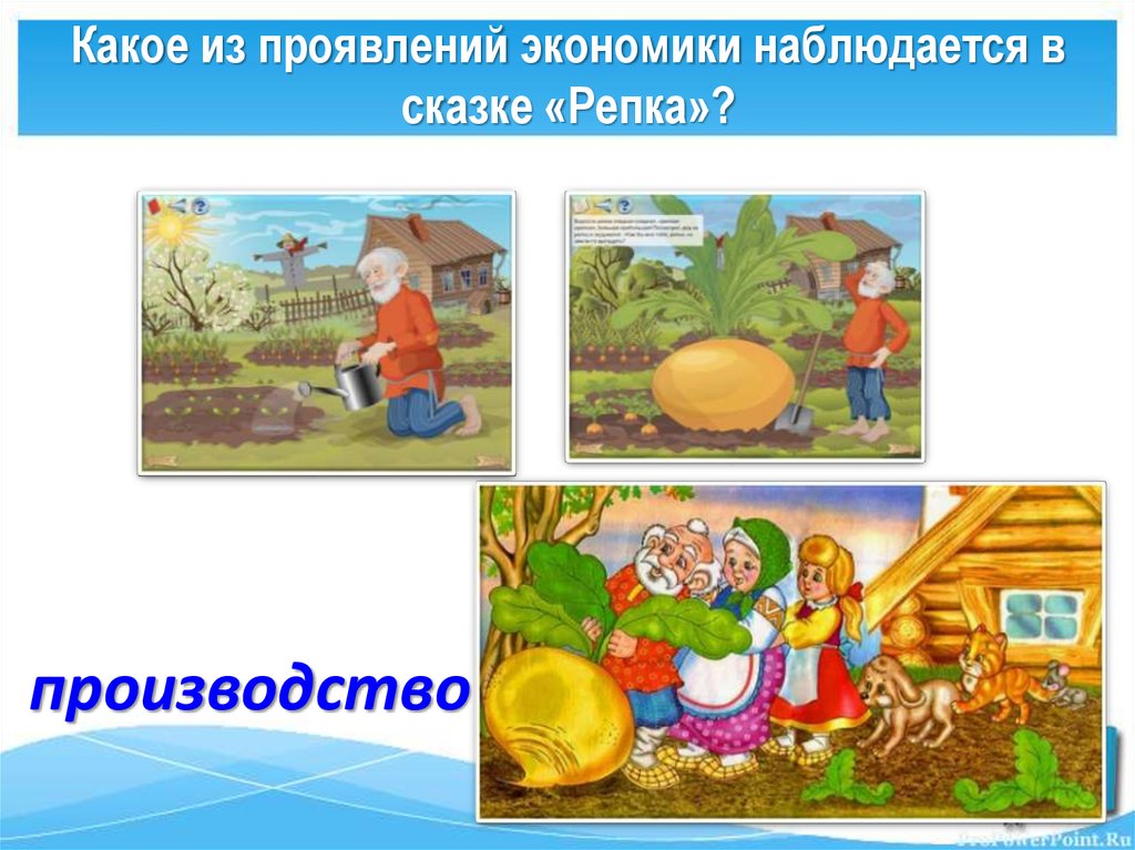 Какое из проявлений экономики наблюдается в сказке «Репка»?