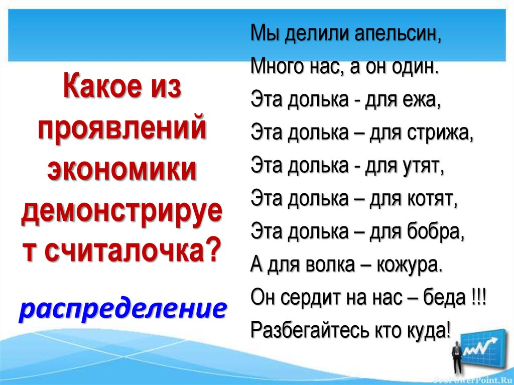 Какое из проявлений экономики демонстрирует считалочка?