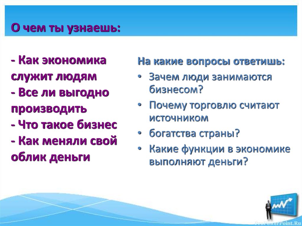 О чем ты узнаешь: - Как экономика служит людям - Все ли выгодно производить - Что такое бизнес - Как меняли свой облик деньги