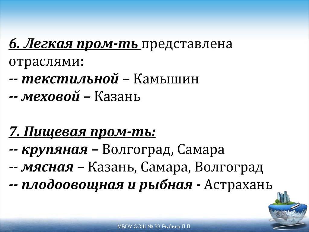 6. Легкая пром-ть представлена отраслями: -- текстильной – Камышин -- меховой – Казань 7. Пищевая пром-ть: -- крупяная –