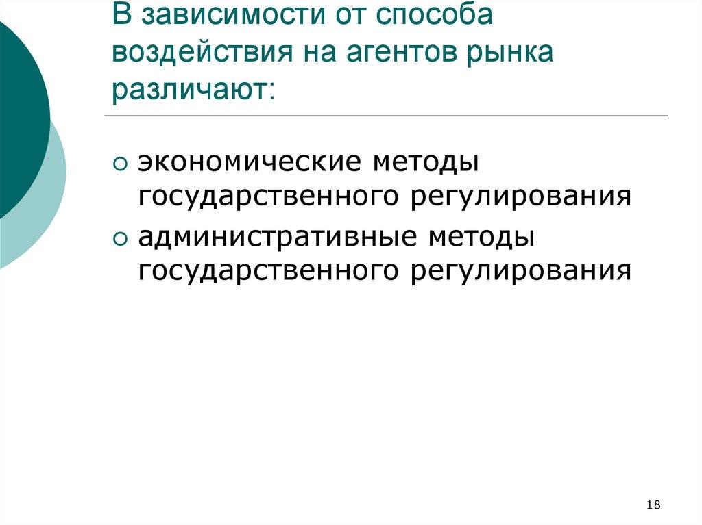 В зависимости от способа воздействия на агентов рынка различают: