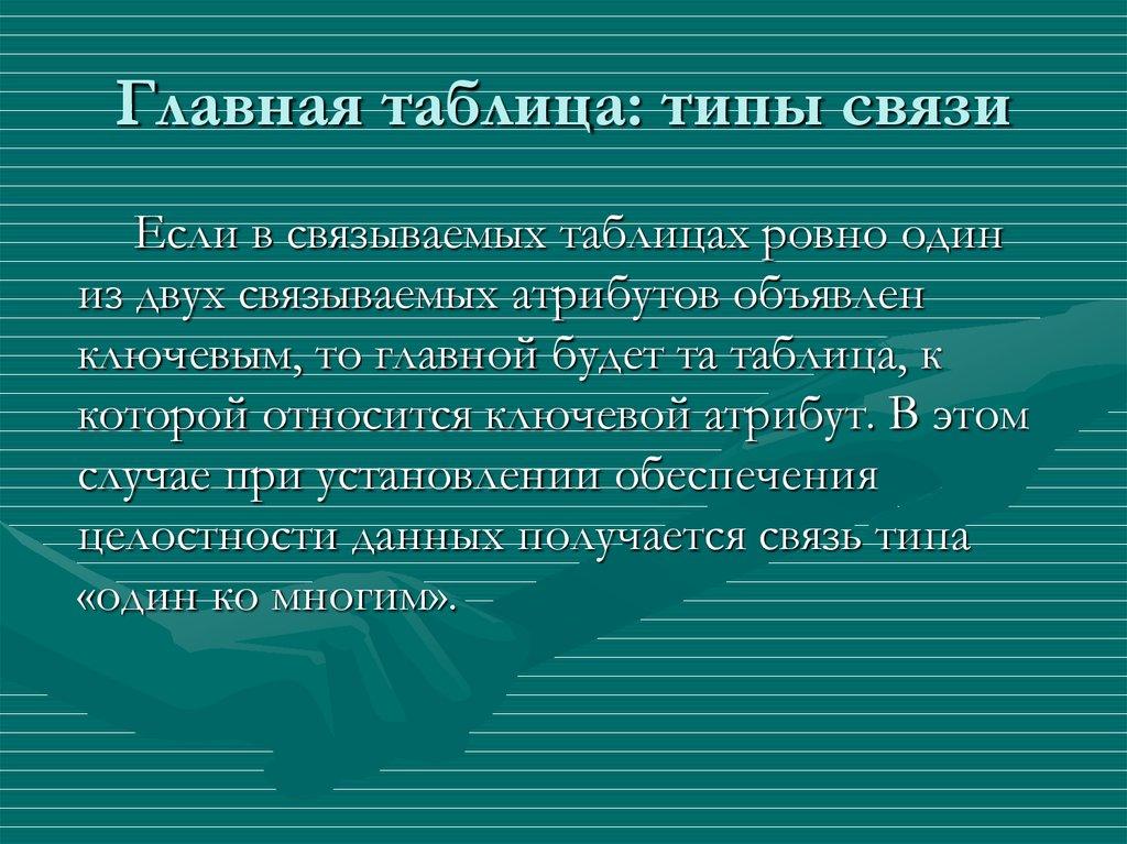 Главная таблица: типы связи