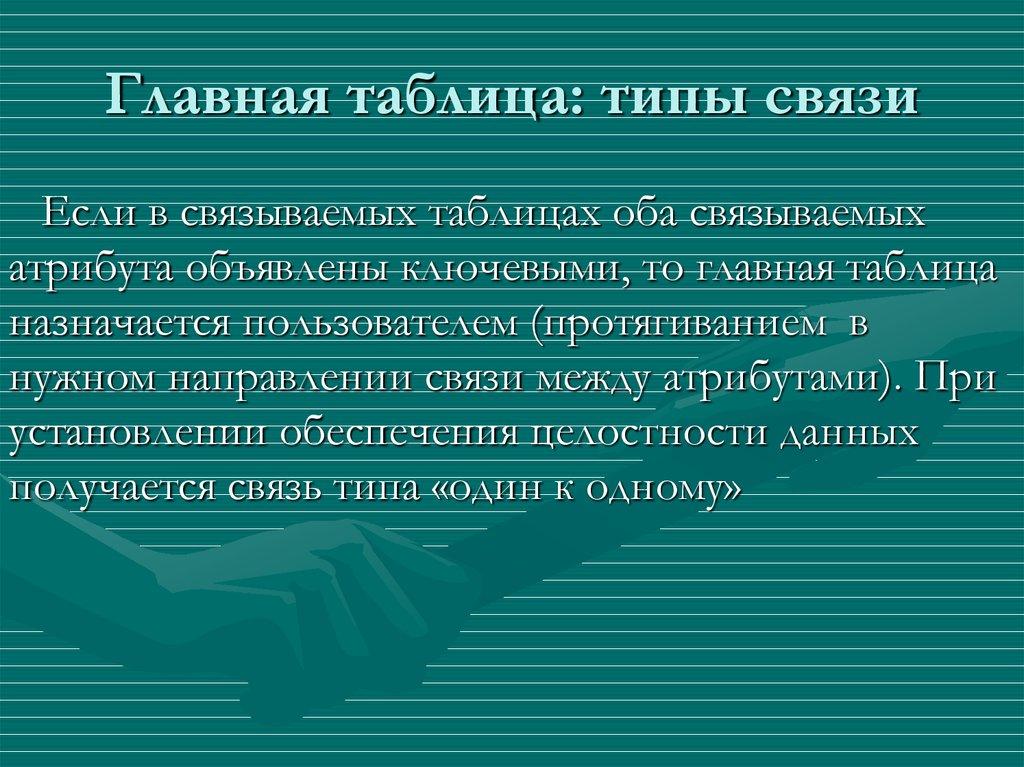 Главная таблица: типы связи