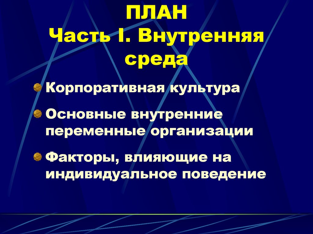 ПЛАН Часть I. Внутренняя среда