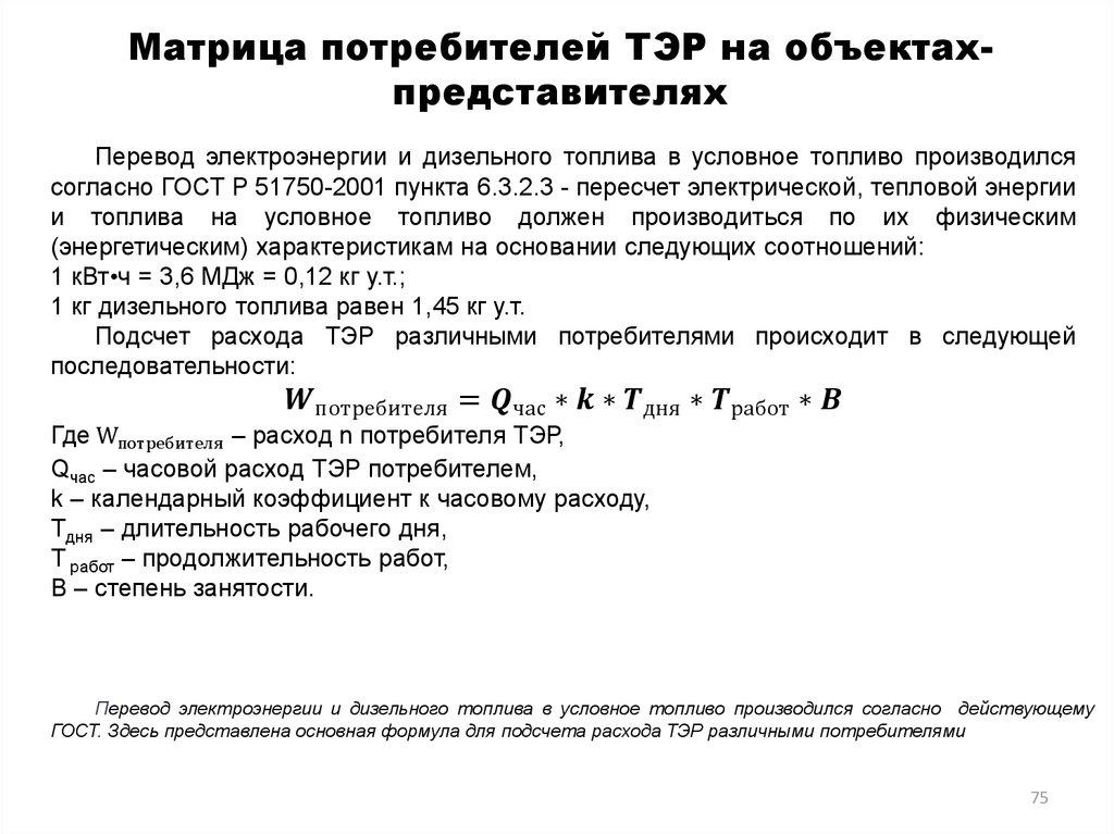 Матрица потребителей ТЭР на объектах-представителях
