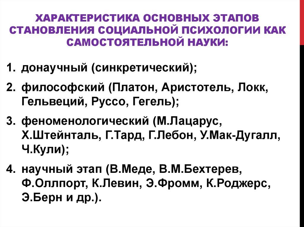 Характеристика основных этапов становления социальной психологии как самостоятельной науки: