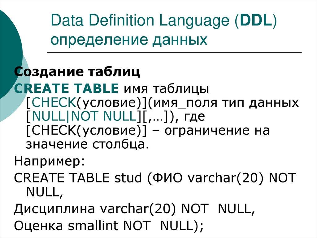 Data Definition Language (DDL) определение данных