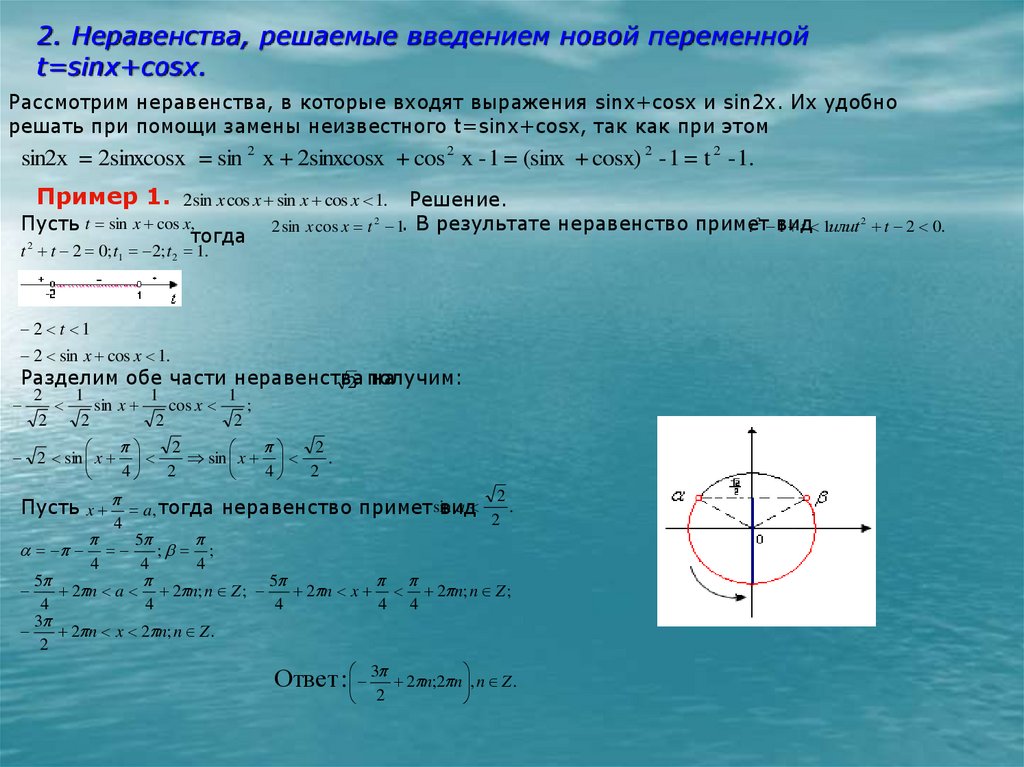 2. Неравенства, решаемые введением новой переменной t=sinx+cosx.
