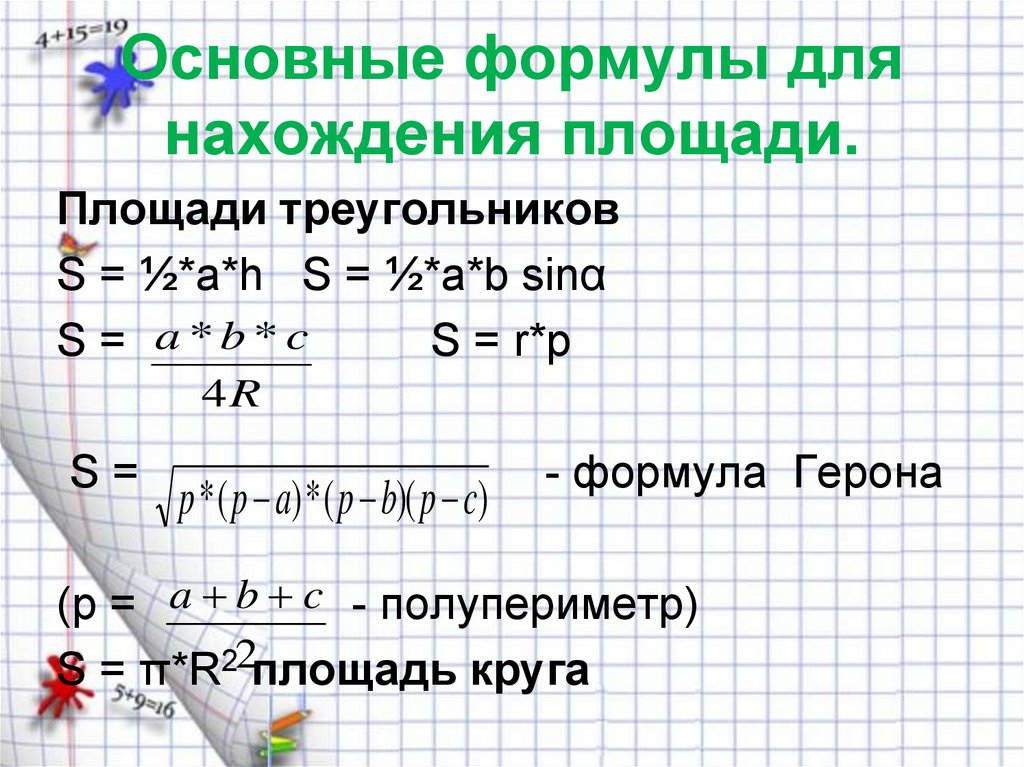 Основные формулы для нахождения площади.