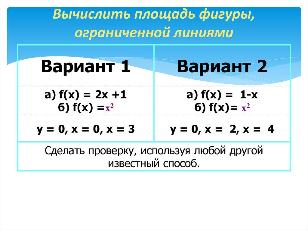 Вычислить площадь фигуры, ограниченной линиями