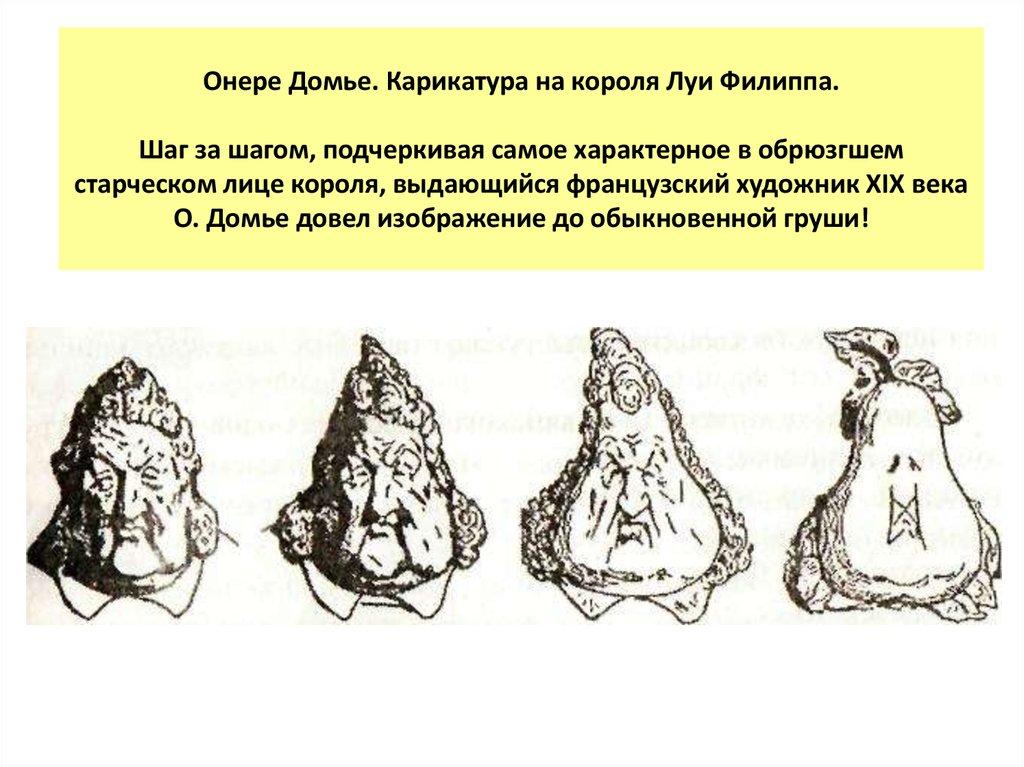 Онере Домье. Карикатура на короля Луи Филиппа. Шаг за шагом, подчеркивая самое характерное в обрюзгшем старческом лице короля,