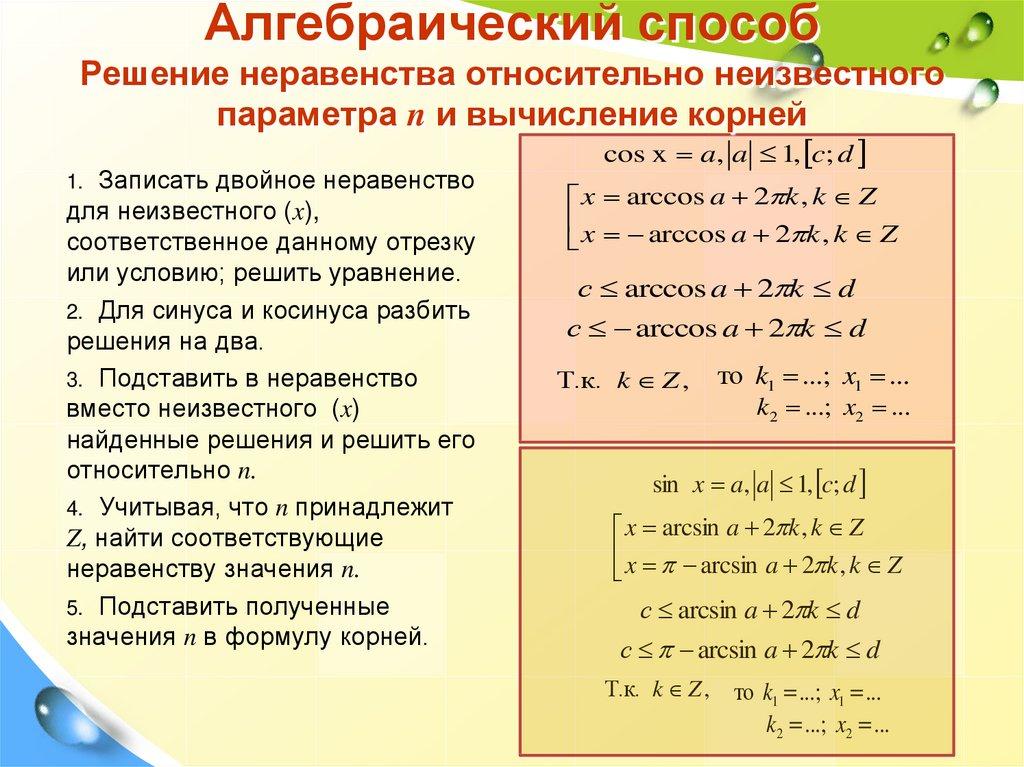 Алгебраический способ Решение неравенства относительно неизвестного параметра n и вычисление корней