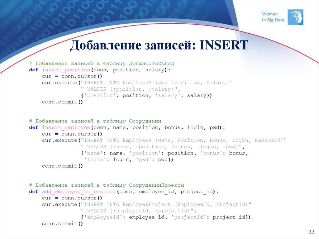Добавление записей: INSERT