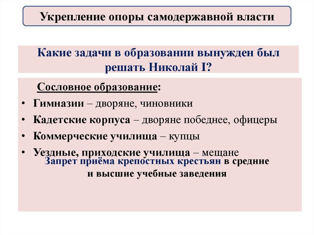 Какие задачи в образовании вынужден был решать Николай I?