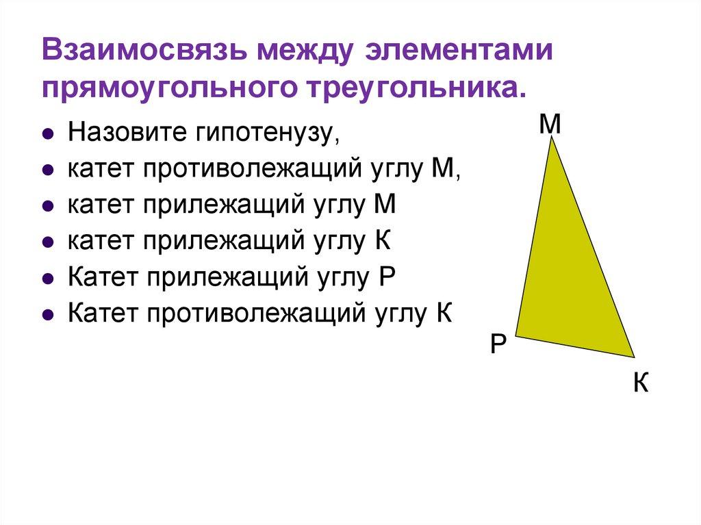 Взаимосвязь между элементами прямоугольного треугольника.