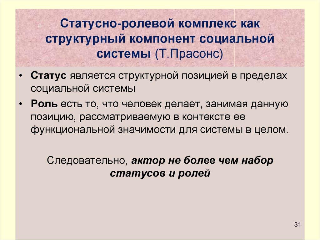 Статусно-ролевой комплекс как структурный компонент социальной системы (Т.Прасонс)