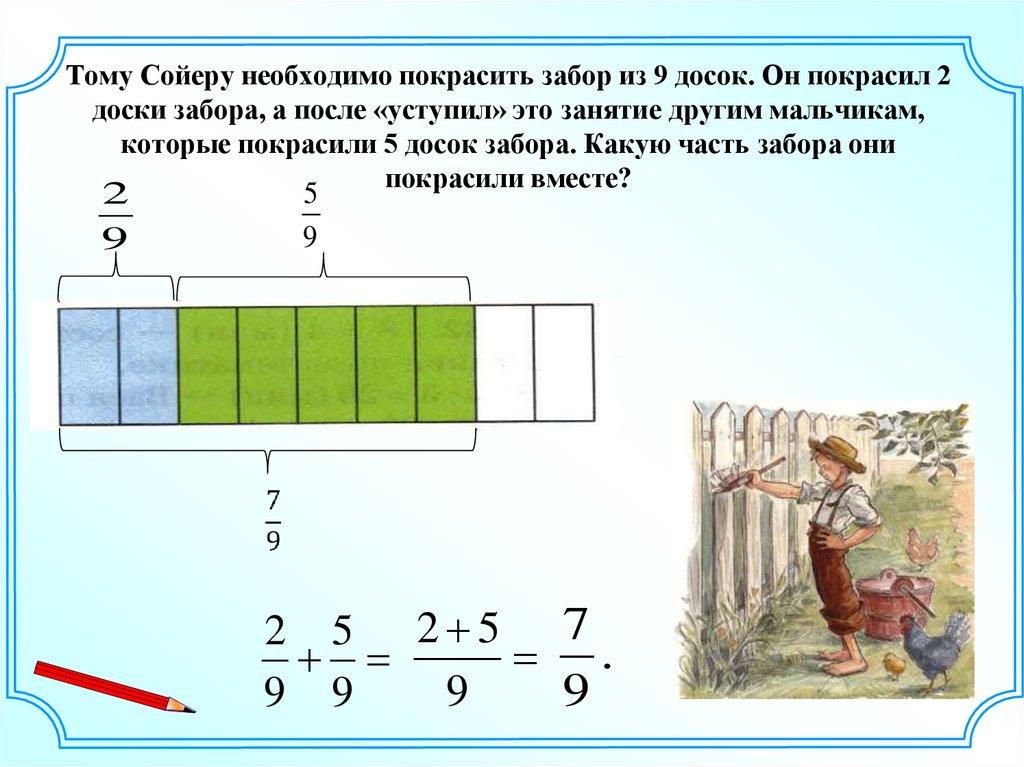 Тому Сойеру необходимо покрасить забор из 9 досок. Он покрасил 2 доски забора, а после «уступил» это занятие другим мальчикам,