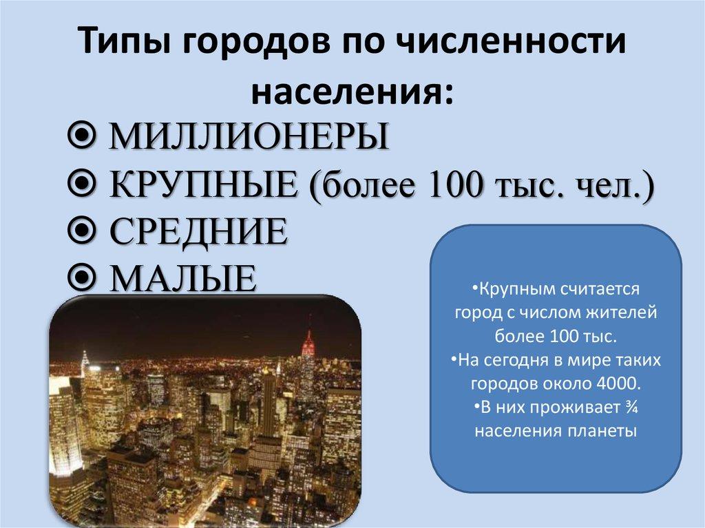 Типы городов по численности населения: