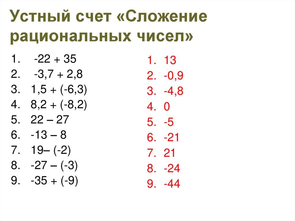 Устный счет «Сложение рациональных чисел»