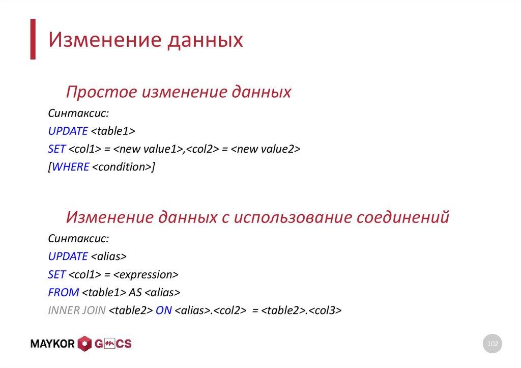 Изменение данных