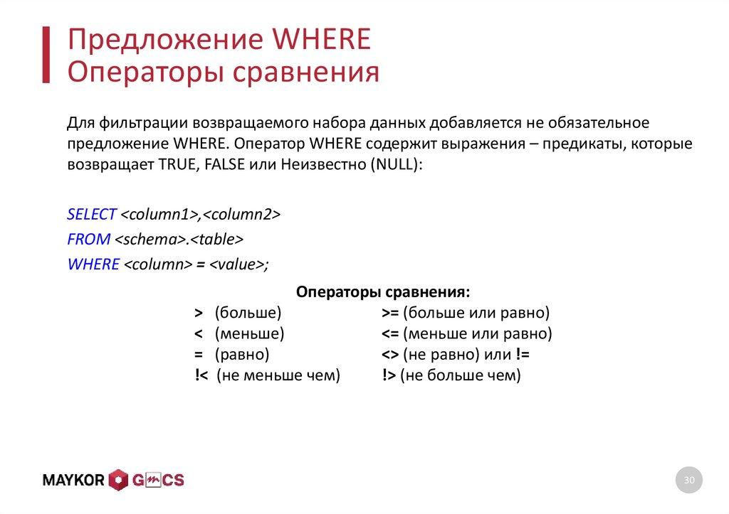 Предложение WHERE Операторы сравнения