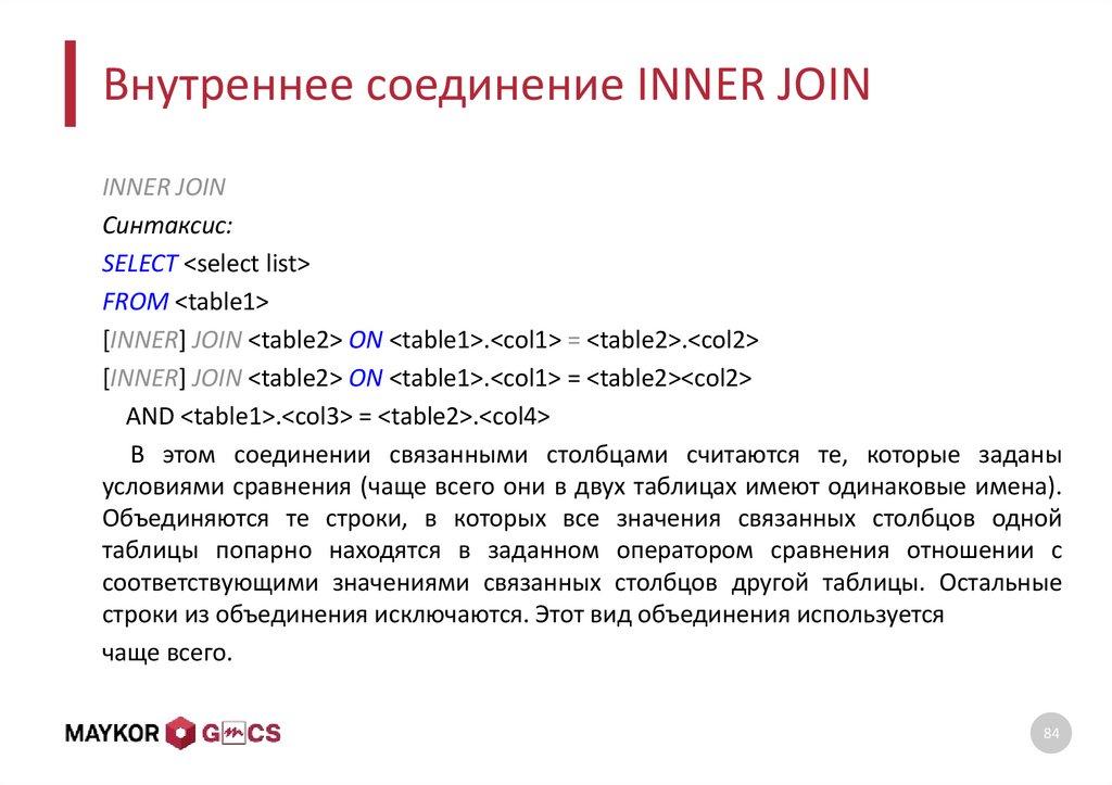 Внутреннее соединение INNER JOIN
