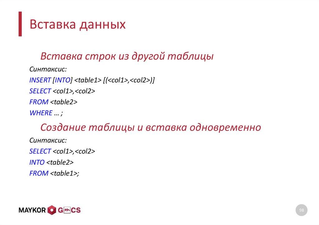 Вставка данных