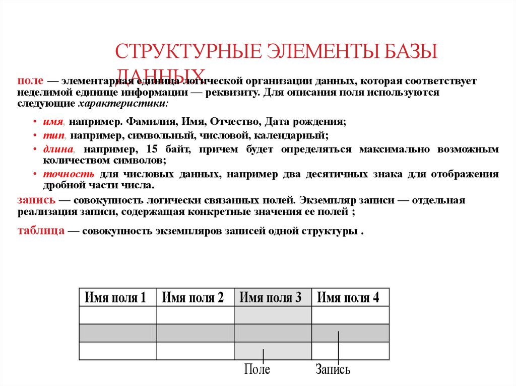 Структурные элементы базы данных