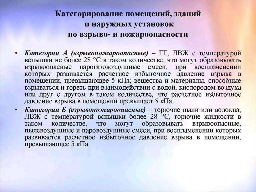 Категорирование помещений, зданий и наружных установок по взрыво- и пожароопасности