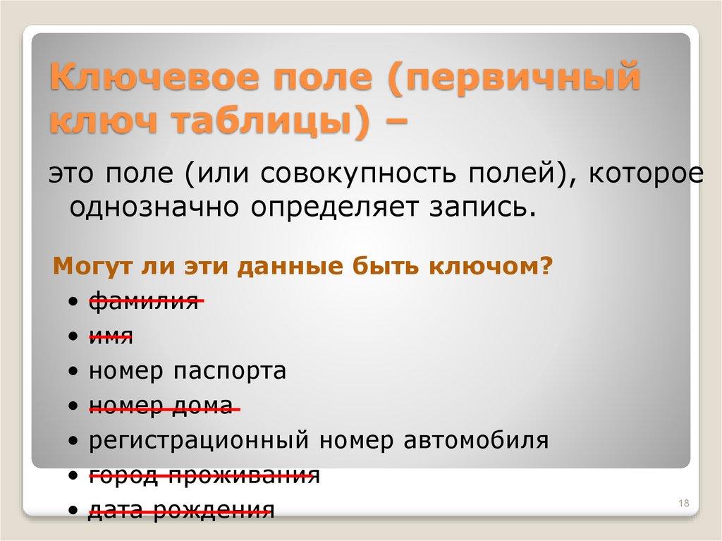 Ключевое поле (первичный ключ таблицы) –