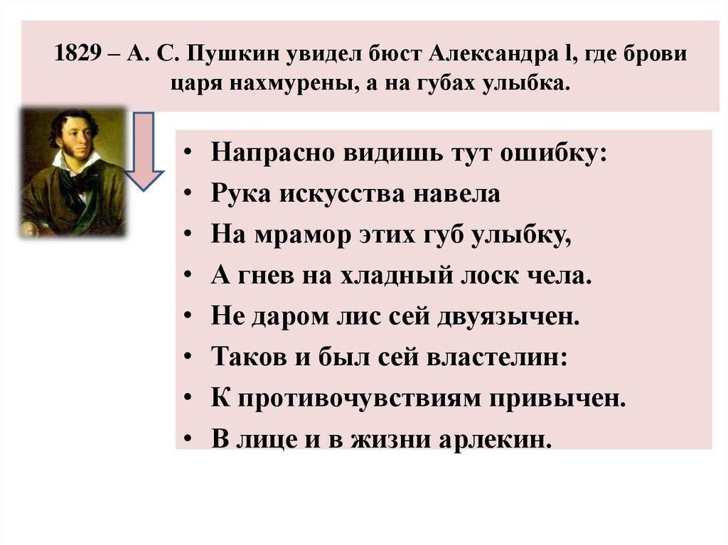 1829 – А. С. Пушкин увидел бюст Александра l, где брови царя нахмурены, а на губах улыбка.