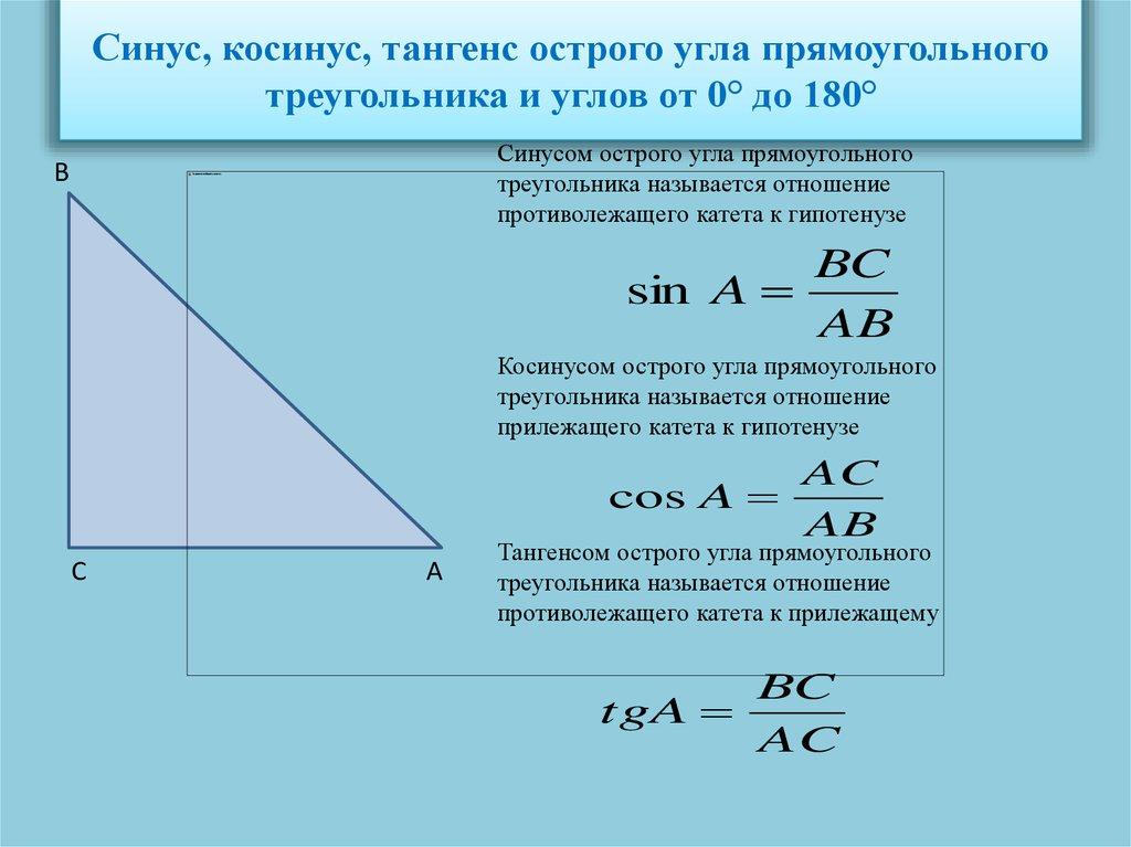 Синус, косинус, тангенс острого угла прямоугольного треугольника и углов от 0° до 180°