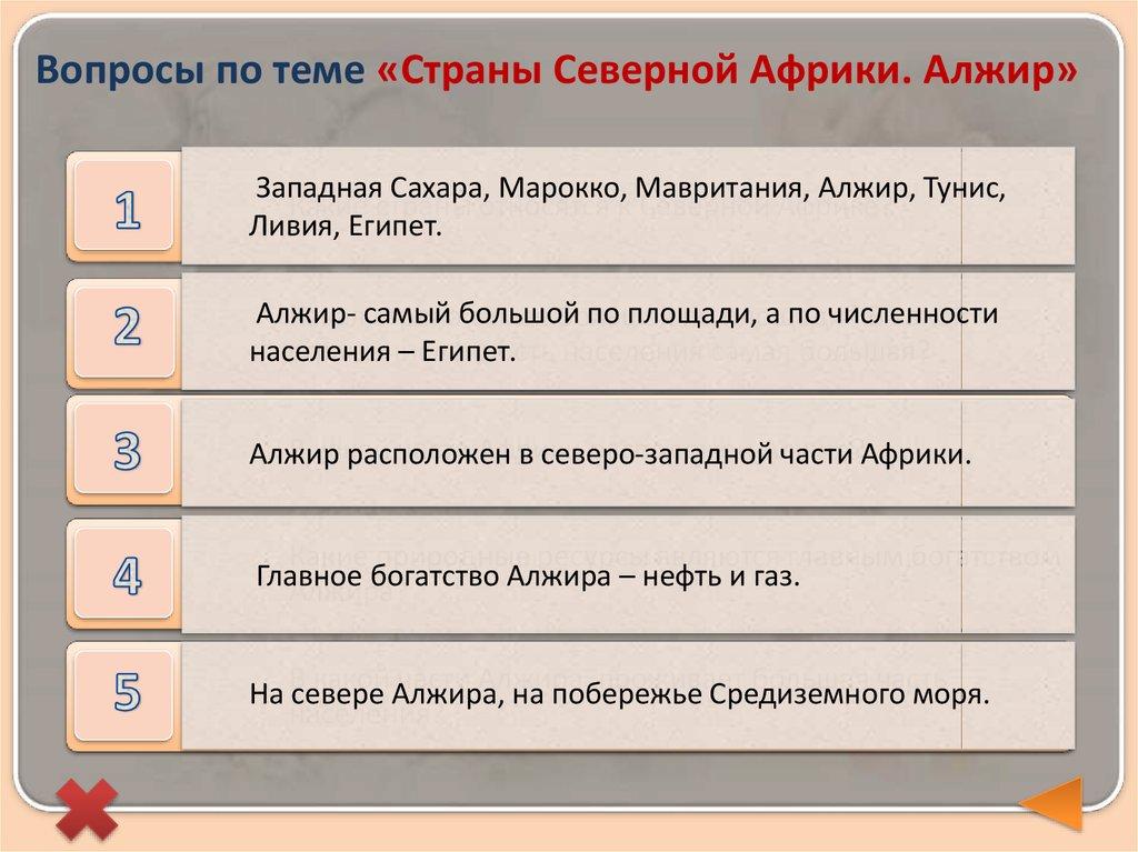 Вопросы по теме «Страны Северной Африки. Алжир»