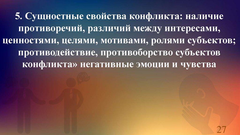 5. Сущностные свойства конфликта: наличие противоречий, различий между интересами, ценностями, целями, мотивами, ролями