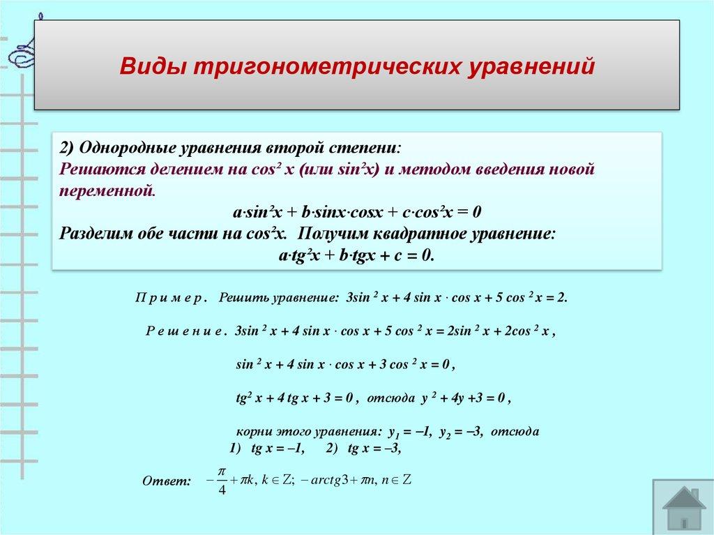 Виды тригонометрических уравнений