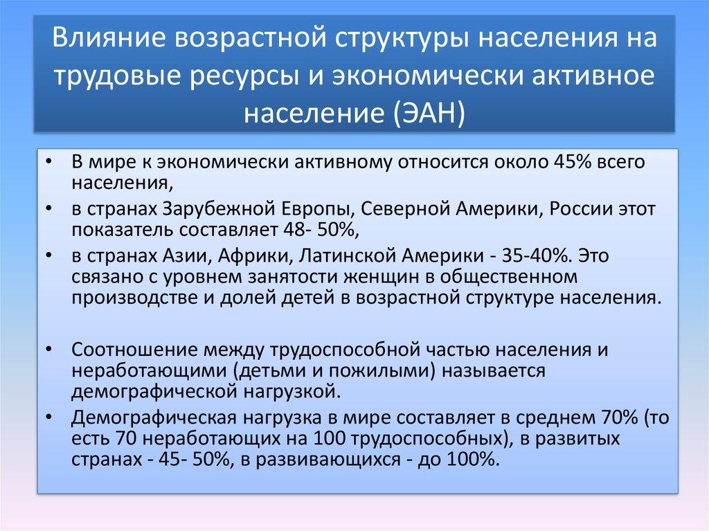 Влияние возрастной структуры населения на трудовые ресурсы и экономически активное население (ЭАН)