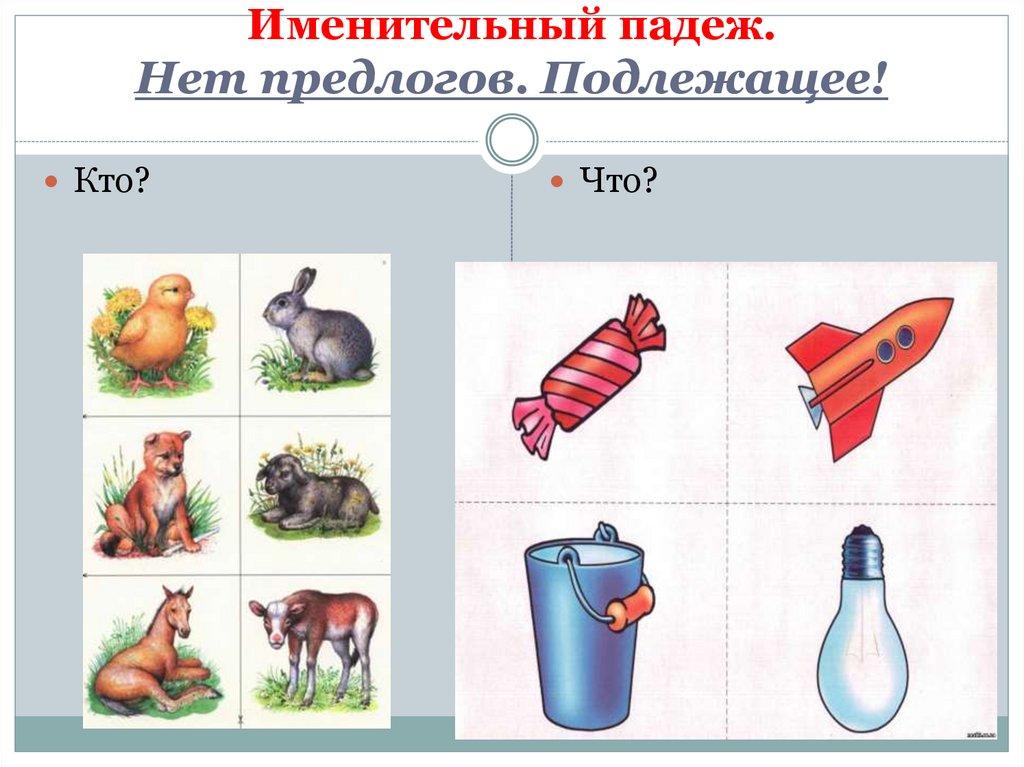 Именительный падеж. Нет предлогов. Подлежащее!