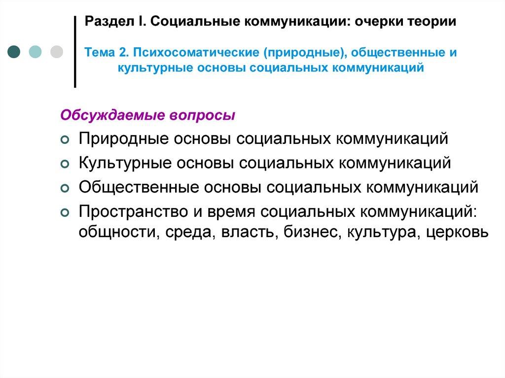 Раздел I. Социальные коммуникации: очерки теории Тема 2. Психосоматические (природные), общественные и культурные основы