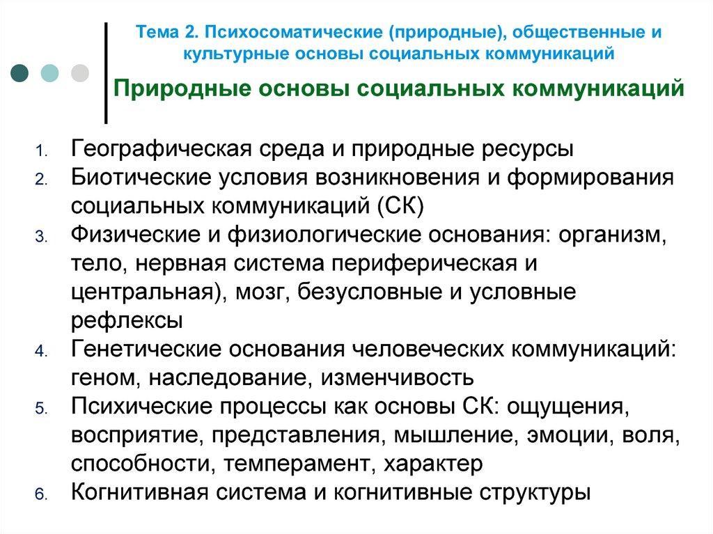 Тема 2. Психосоматические (природные), общественные и культурные основы социальных коммуникаций Природные основы социальных