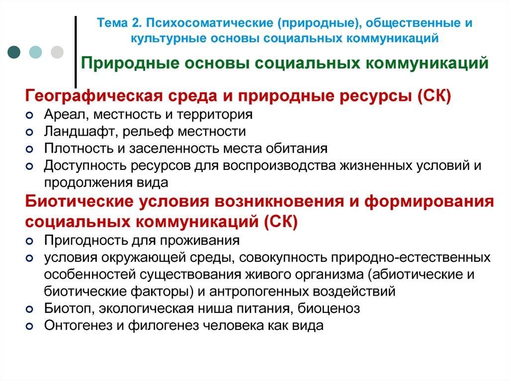 Тема 2. Психосоматические (природные), общественные и культурные основы социальных коммуникаций Природные основы социальных