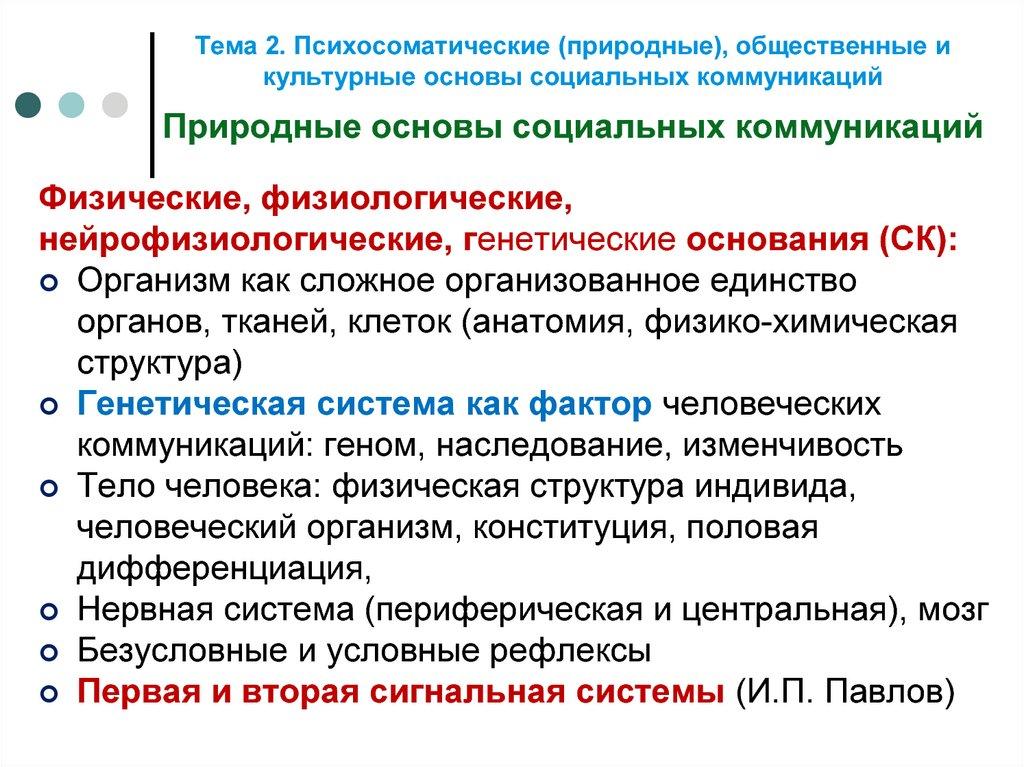 Тема 2. Психосоматические (природные), общественные и культурные основы социальных коммуникаций Природные основы социальных